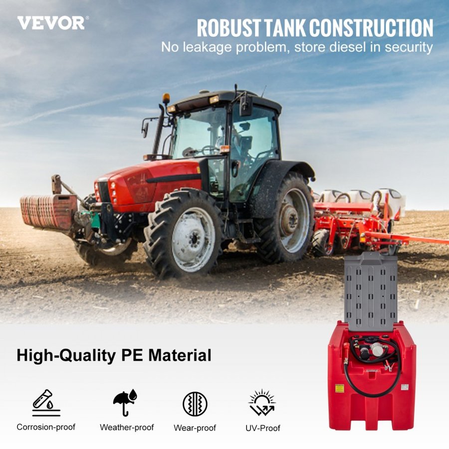 VEVOR Portable Diesel Tank, 439.1 L Capacity & 10 GPM Flow Rate, Diesel Fuel Tank with 12V Electric Transfer Pump and 399.3 cm Rubber Hose, PE Diesel Transfer Tank for Easy Fuel Transportation, Red