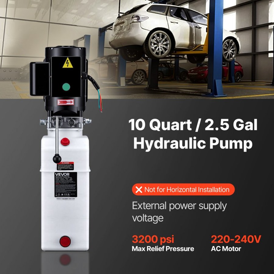 VEVOR 10L Hydraulic Pump, 2.2KW Hydraulic Dump Trailer Pump Single Acting, 22Mpa Max Relief Pressure, 6.3L/min Flow Rate, AC220-240V Hydraulic Power Unit Car Lift (Vertical Installation)