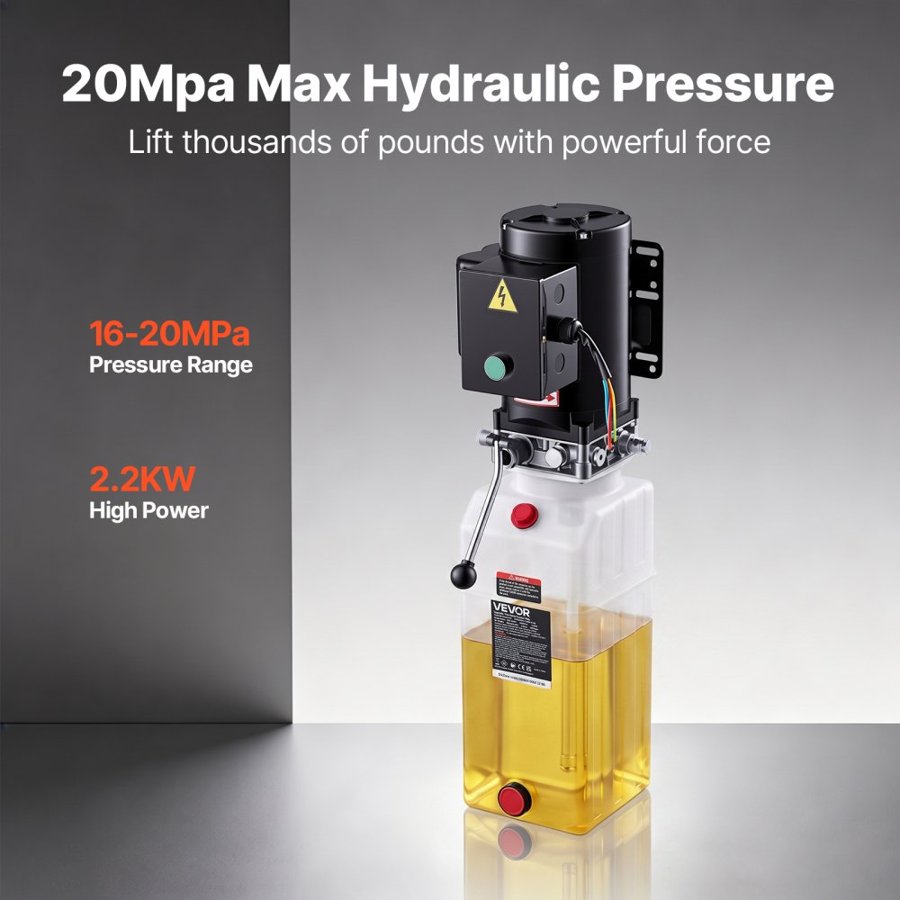 VEVOR 10L Hydraulic Pump, 2.2KW Hydraulic Dump Trailer Pump Single Acting, 22Mpa Max Relief Pressure, 6.3L/min Flow Rate, AC220-240V Hydraulic Power Unit Car Lift (Vertical Installation)