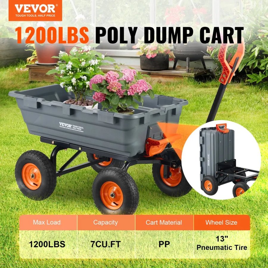 VEVOR Poly Garden Dump Cart Heavy-duty Yard Carts and Wagons 6.48 cu.ft/183.4 L 1200 lbs/544.3 kg