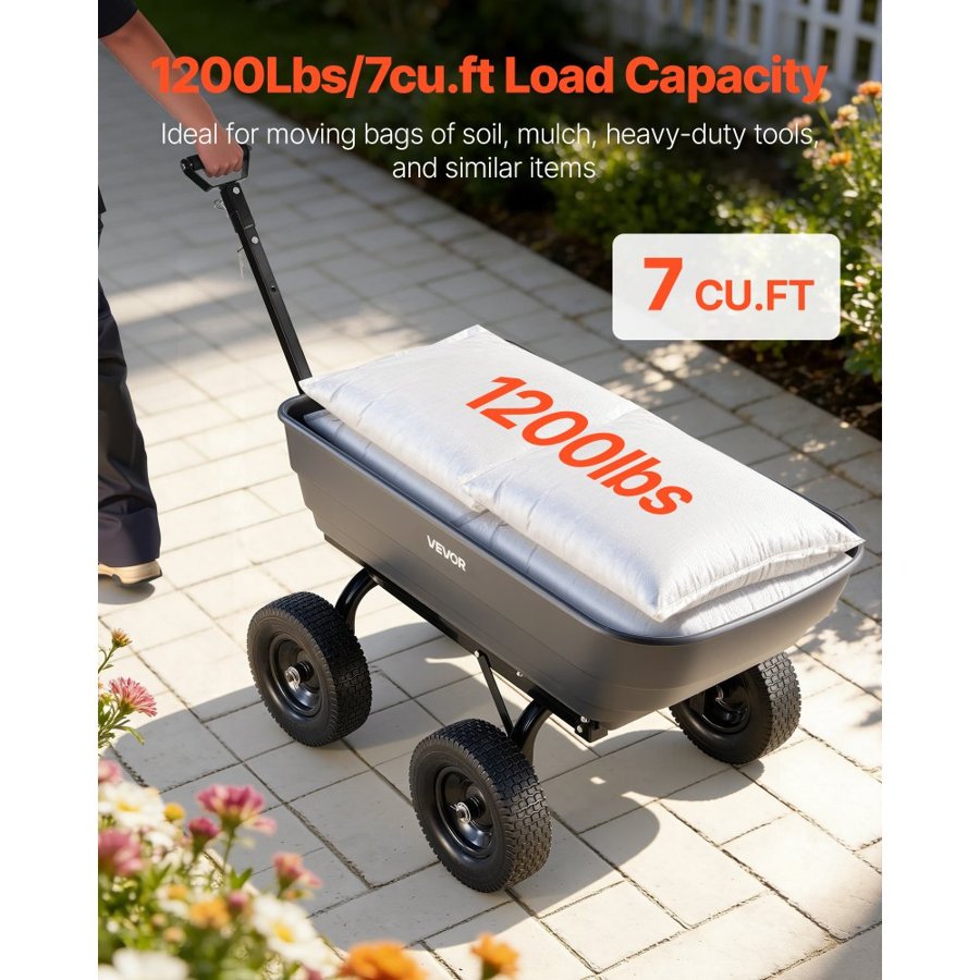 VEVOR Garden Dump Cart, 544 kg Poly Dump Cart, 7 Cu. Ft. Garden Carts Dumps Wagon with 2-in-1 Convertible Handle, 90° Quick-Dumps Mechanism, 180° Swivel Wheels, Yard Wagon for Plants, Soil, Crops