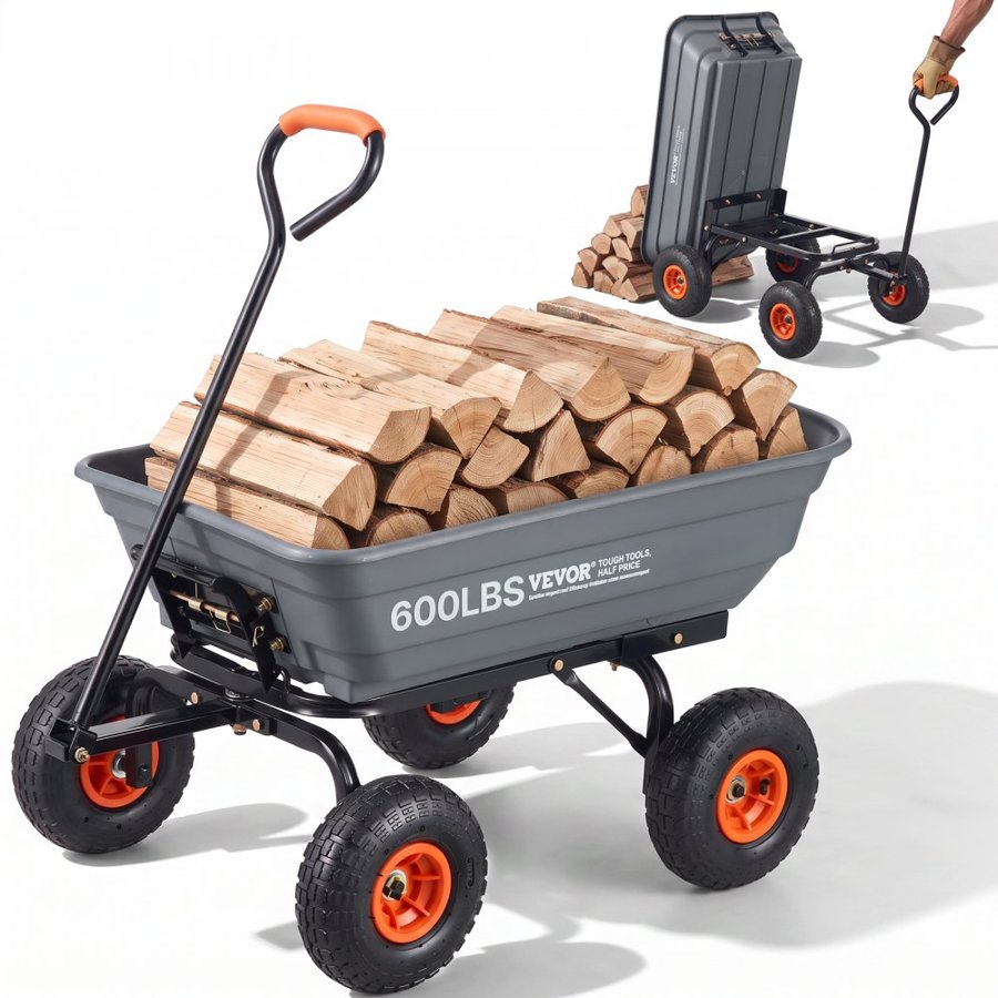 VEVOR Dump Cart, Poly Garden Dump Cart with Easy to Assemble Steel Frame, Dump Wagon with 2-in-1 Convertible Handle, Utility Wheelbarrow 600 lbs Capacity, 10 inch Tires