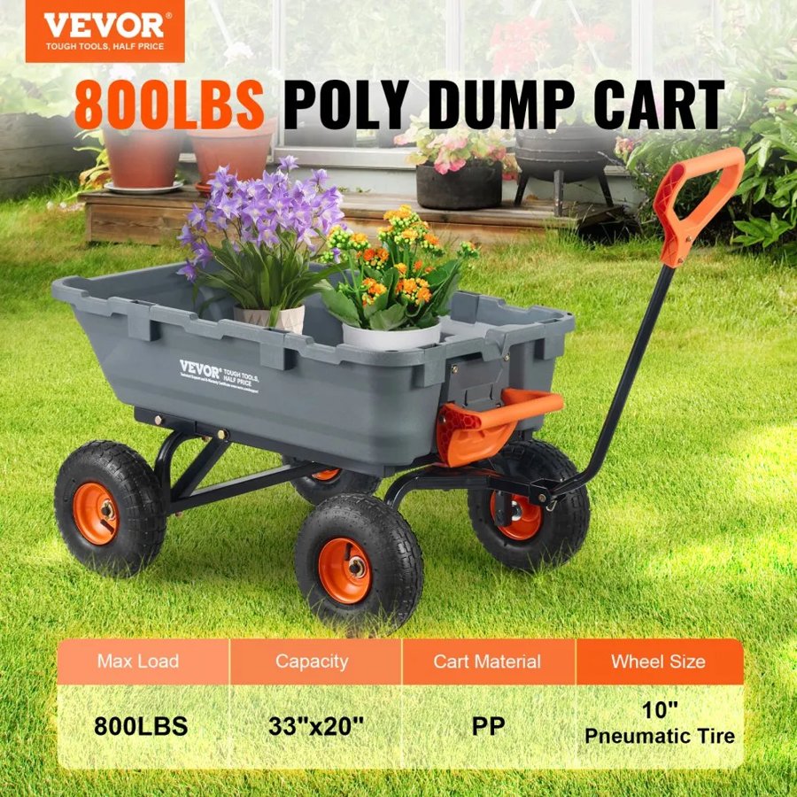 VEVOR Poly Garden Dump Cart Heavy-duty Yard Carts and Wagons 800 lbs/363.6 kg 10"/25.4 cm Tires