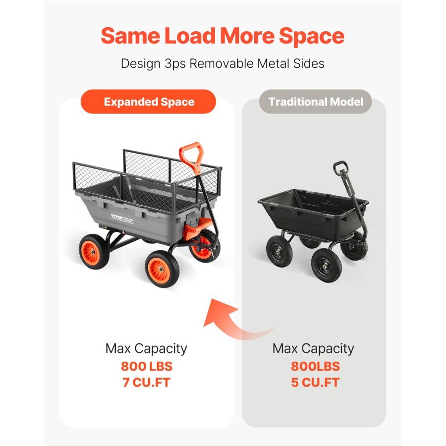 VEVOR Garden Cart Wagon – 800 Lbs, Storage Fence, 90° Dump