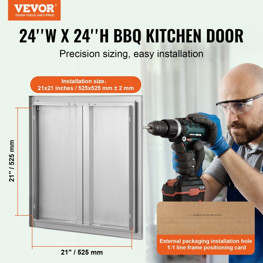 VEVOR BBQ Access Door, 610x610 mm Double Outdoor Kitchen Door, Stainless Steel Flush Mount Door, Wall Vertical Door with Recessed Handles , for BBQ Island, Grilling Station, Outside Cabinet