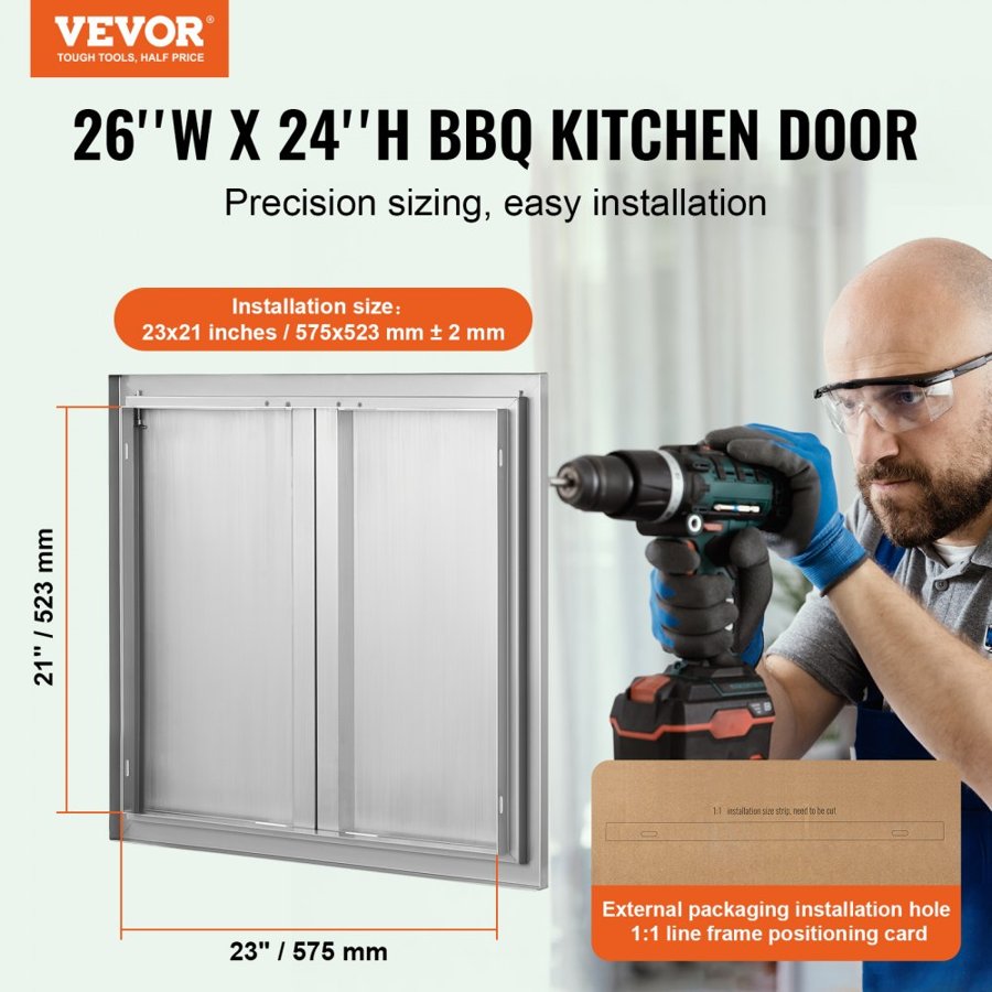VEVOR BBQ Access Door, 660x610 mm Double Outdoor Kitchen Door, Stainless Steel Flush Mount Door, Wall Vertical Door with Recessed Handles , for BBQ Island, Grilling Station, Outside Cabinet