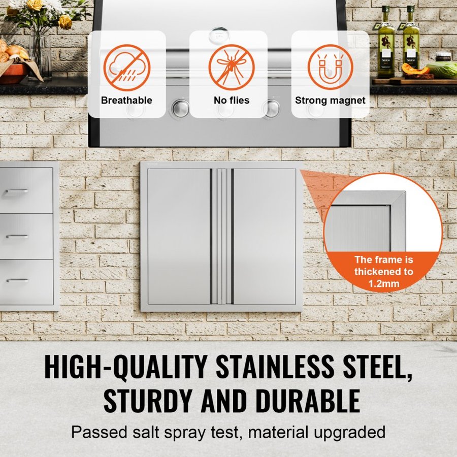 VEVOR BBQ Access Door, 660x610 mm Double Outdoor Kitchen Door, Stainless Steel Flush Mount Door, Wall Vertical Door with Recessed Handles , for BBQ Island, Grilling Station, Outside Cabinet