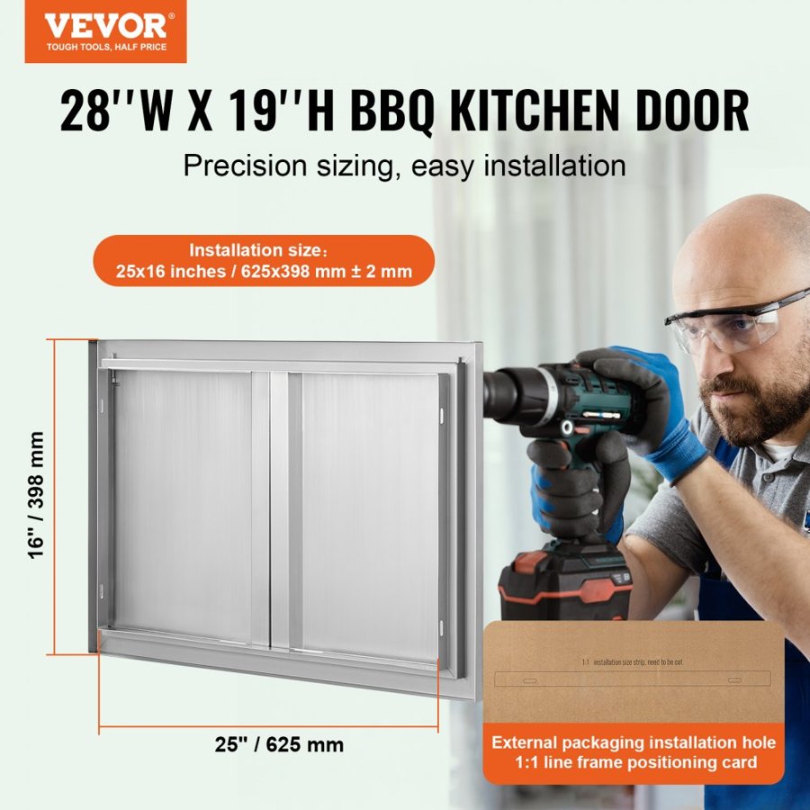VEVOR BBQ Access Door, 710x482 mm Double Outdoor Kitchen Door, Stainless Steel Flush Mount Door, Wall Vertical Door with Recessed Handles , for BBQ Island, Grilling Station, Outside Cabinet