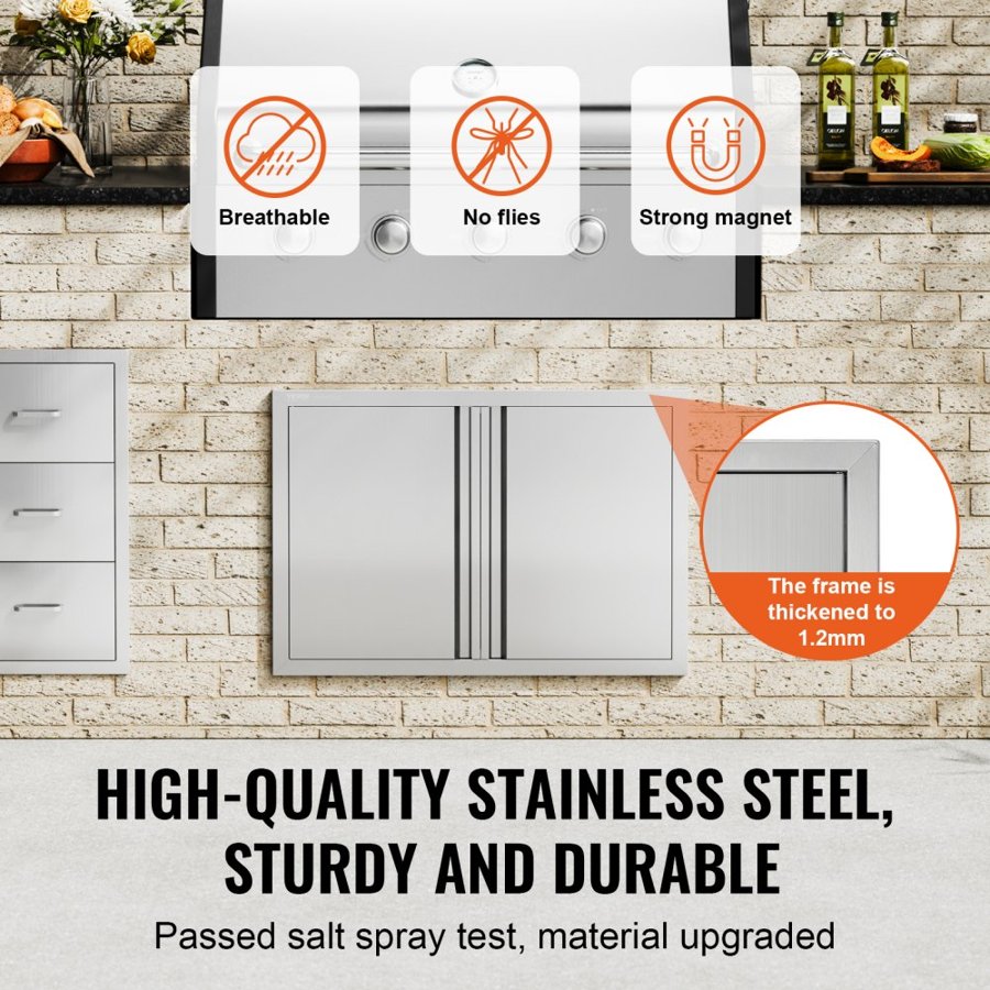 VEVOR BBQ Access Door, 774x532 mm Double Outdoor Kitchen Door, Stainless Steel Flush Mount Door, Wall Vertical Door with Recessed Handles , for BBQ Island, Grilling Station, Outside Cabinet