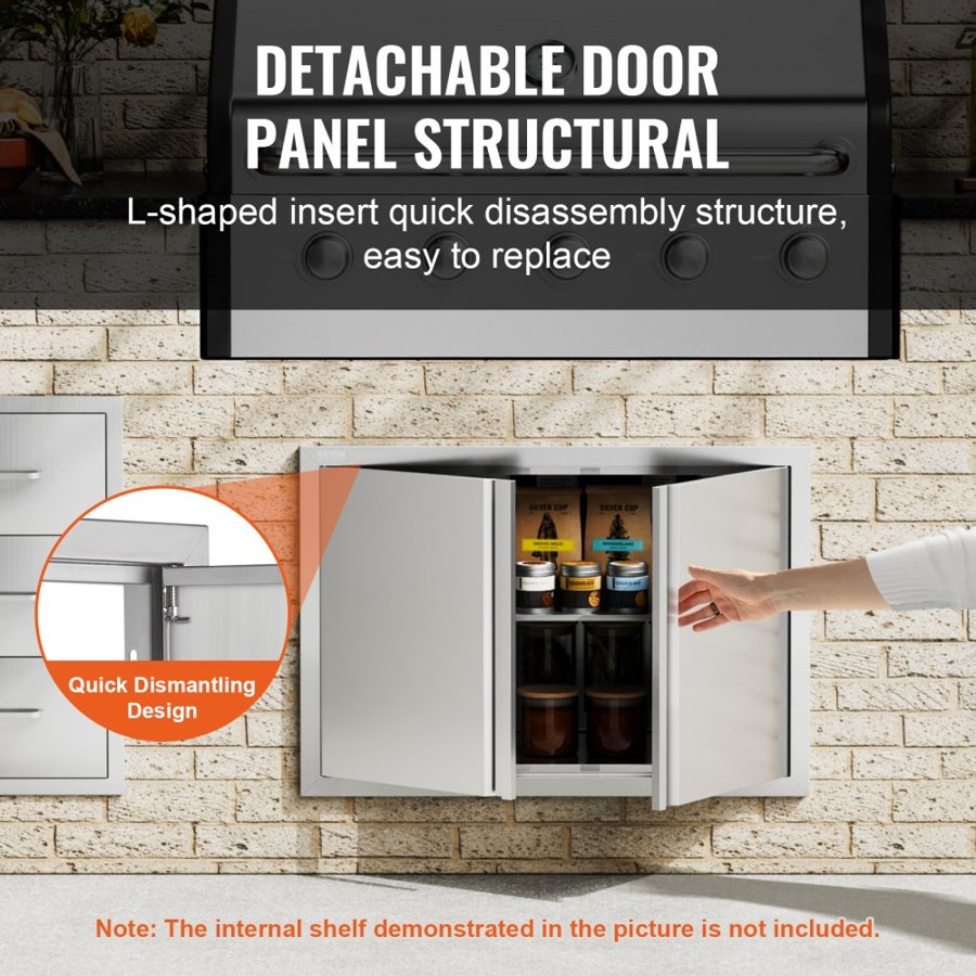VEVOR BBQ Access Door, 774x532 mm Double Outdoor Kitchen Door, Stainless Steel Flush Mount Door, Wall Vertical Door with Recessed Handles , for BBQ Island, Grilling Station, Outside Cabinet