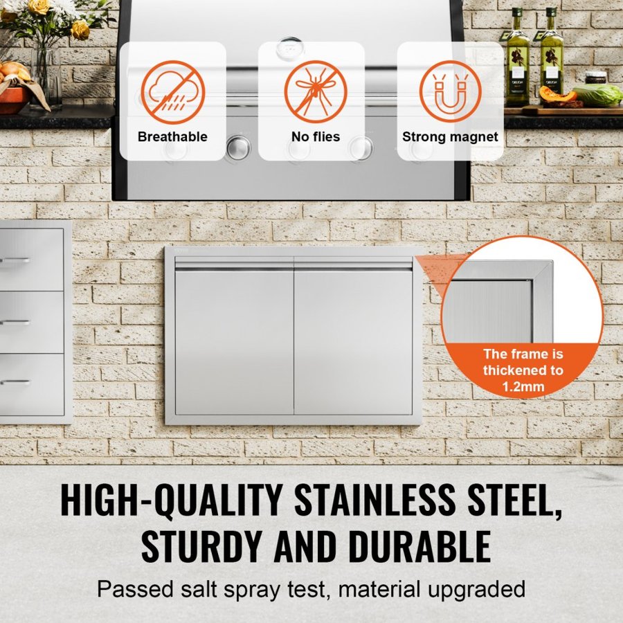 VEVOR BBQ Access Door, 762x532 mm Double Outdoor Kitchen Door, Stainless Steel Flush Mount Door, Wall Vertical Door with Recessed Handles , for BBQ Island, Grilling Station, Outside Cabinet
