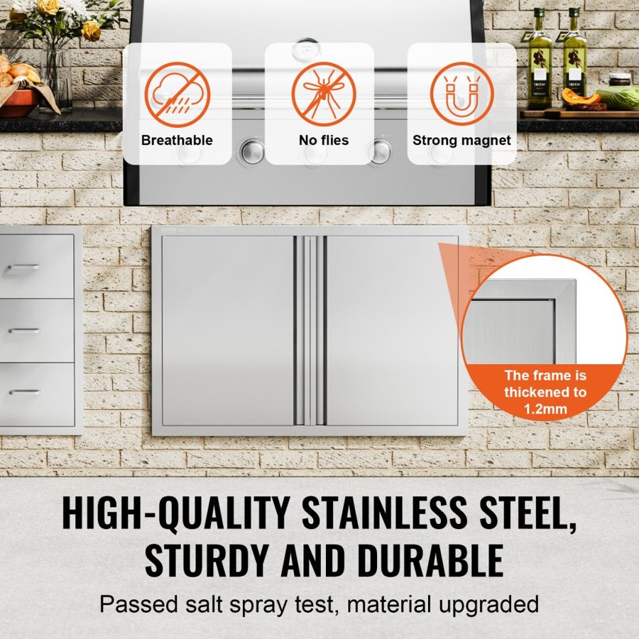 VEVOR BBQ Access Door, 914x610 mm Double Outdoor Kitchen Door, Stainless Steel Flush Mount Door, Wall Vertical Door with Recessed Handles , for BBQ Island, Grilling Station, Outside Cabinet
