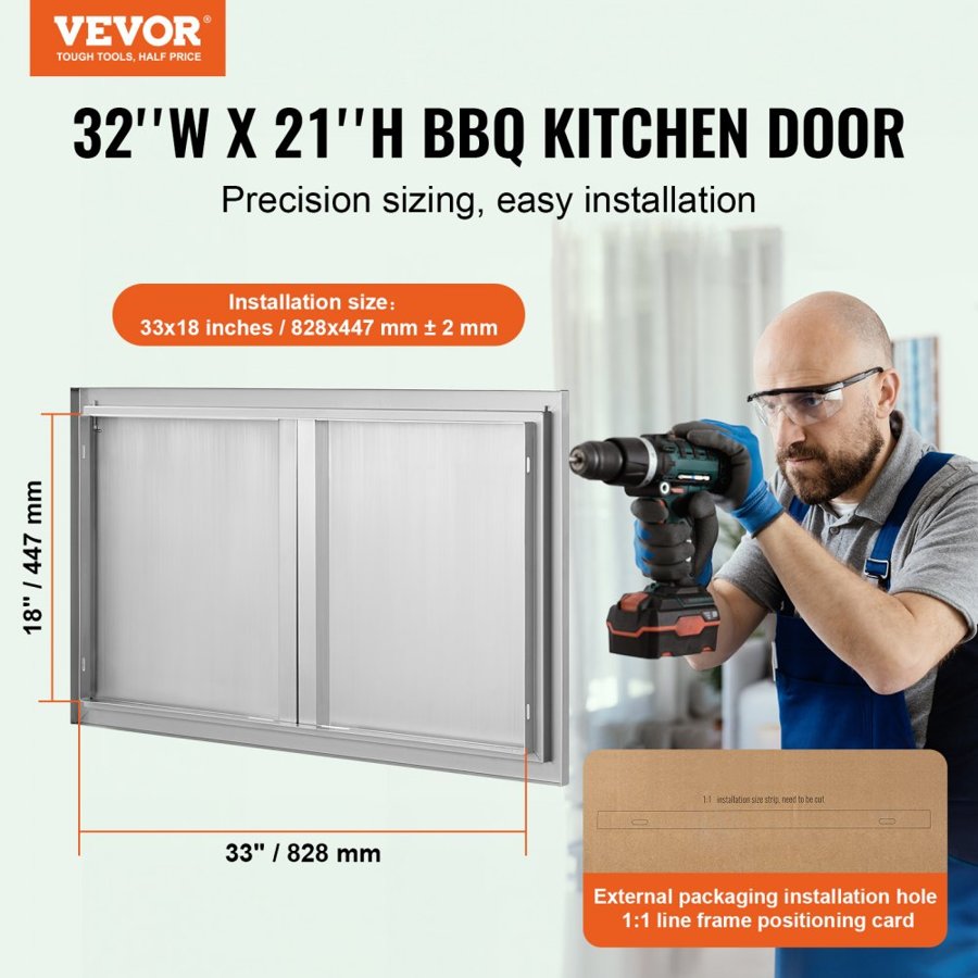 VEVOR BBQ Access Door, 914x534 mm Double Outdoor Kitchen Door, Stainless Steel Flush Mount Door, Wall Vertical Door with Recessed Handles , for BBQ Island, Grilling Station, Outside Cabinet