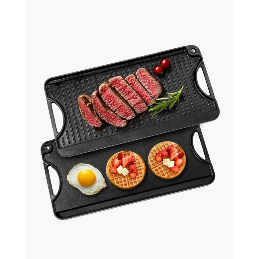 VEVOR Reversible Grill/Griddle, 20x10 inch Pre-Seasoned Cast Iron Griddle, Portable Rectangular Pan with Handle, Family Cookware for Indoor/Outdoor Stove Top Burner, Gas, Camping BBQ, Black