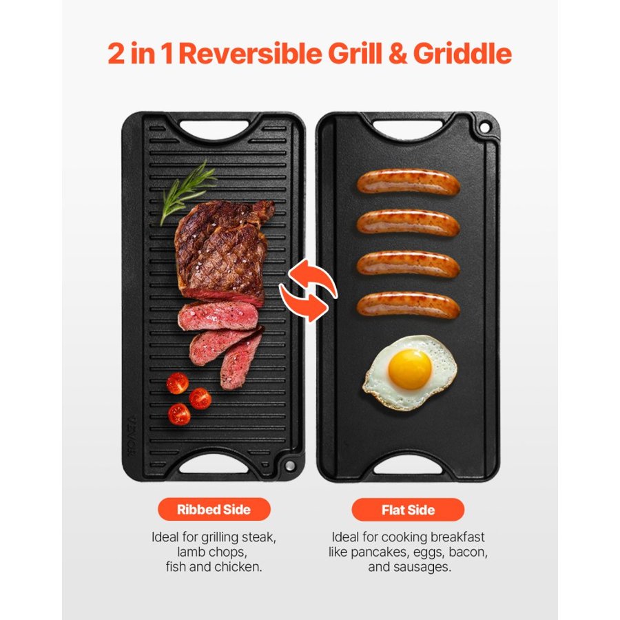 VEVOR Reversible Grill/Griddle, 20x10 inch Pre-Seasoned Cast Iron Griddle, Portable Rectangular Pan with Handle, Family Cookware for Indoor/Outdoor Stove Top Burner, Gas, Camping BBQ, Black