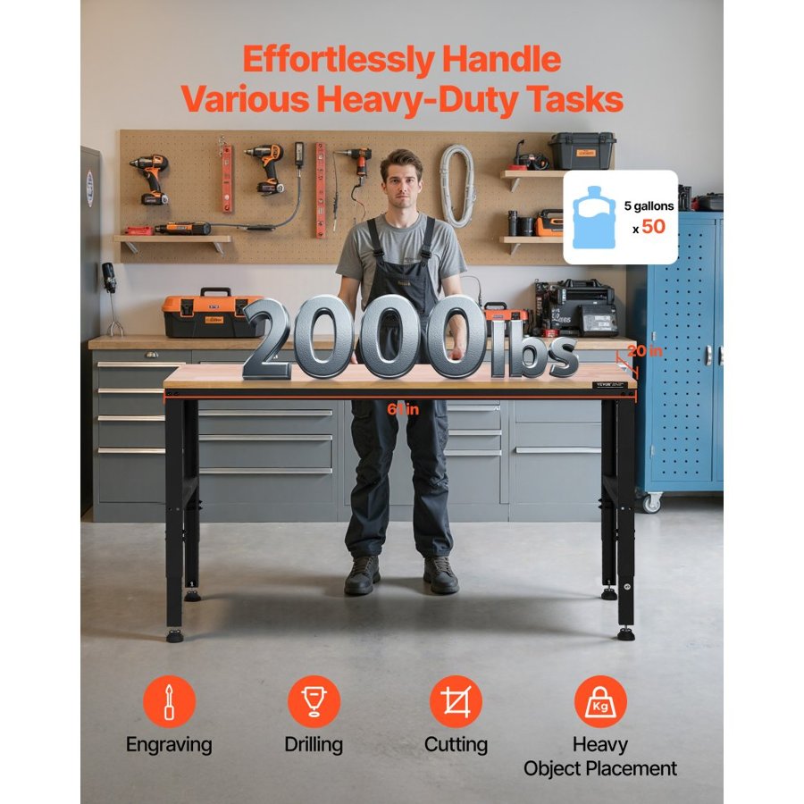 VEVOR Adjustable Workbench, 907 kg Capacity, 155 x 51 cm Heavy Duty Work Bench with 68.8-91.4 cm Height Adjustment, Garage Workbench with Power Outlets, Suitable for Office, Garage, Workshop