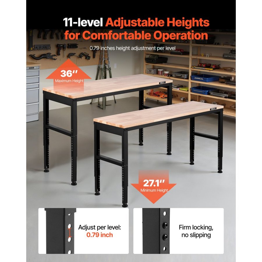 VEVOR Adjustable Workbench, 907 kg Capacity, 155 x 51 cm Heavy Duty Work Bench with 68.8-91.4 cm Height Adjustment, Garage Workbench with Power Outlets, Suitable for Office, Garage, Workshop