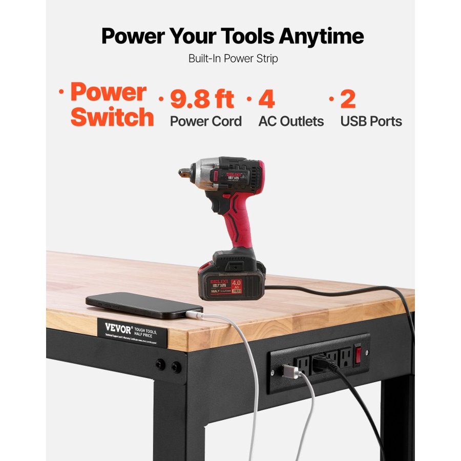 VEVOR Adjustable Workbench, 907 kg Capacity, 155 x 51 cm Heavy Duty Work Bench with 68.8-91.4 cm Height Adjustment, Garage Workbench with Power Outlets, Suitable for Office, Garage, Workshop