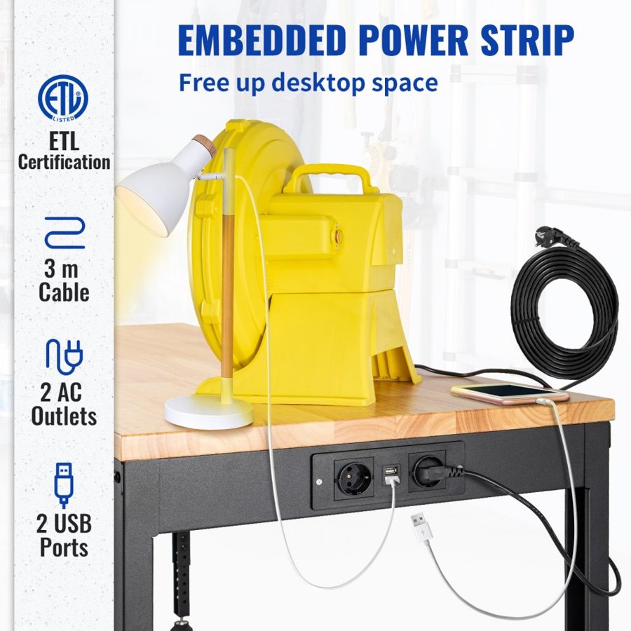 VEVOR Workbench Adjustable Height, 183 x 64 cm Garage Table with 72 – 97 cm Heights & 900KG Load Capacity, with Power Outlets & Hardwood Top & Metal Frame & Foot Pads, for Office Home Workshop