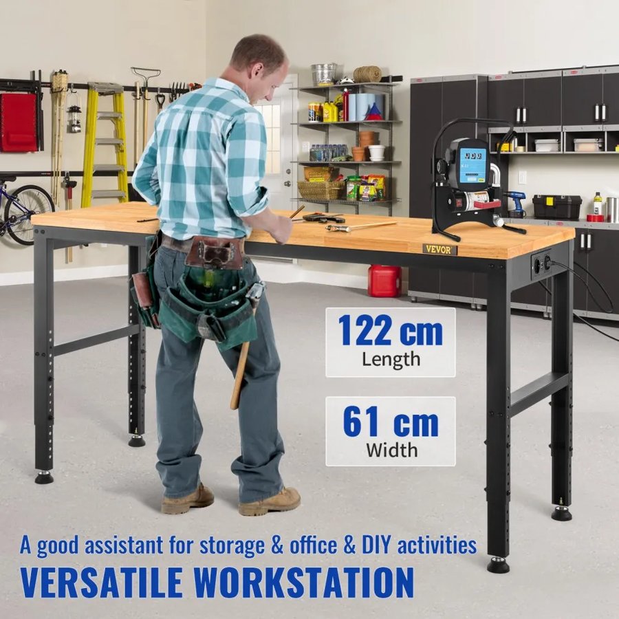 VEVOR Workbench Adjustable Height, 122cm W X 61cm D X 97cm H Garage Table with 72 – 97 cm Heights & 900KG Load Capacity, with Power Outlets & Hardwood Top & Metal Frame & Foot Pads, for Office Home
