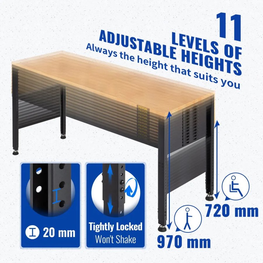 VEVOR Workbench Adjustable Height, 122cm W X 61cm D X 97cm H Garage Table with 72 – 97 cm Heights & 900KG Load Capacity, with Power Outlets & Hardwood Top & Metal Frame & Foot Pads, for Office Home