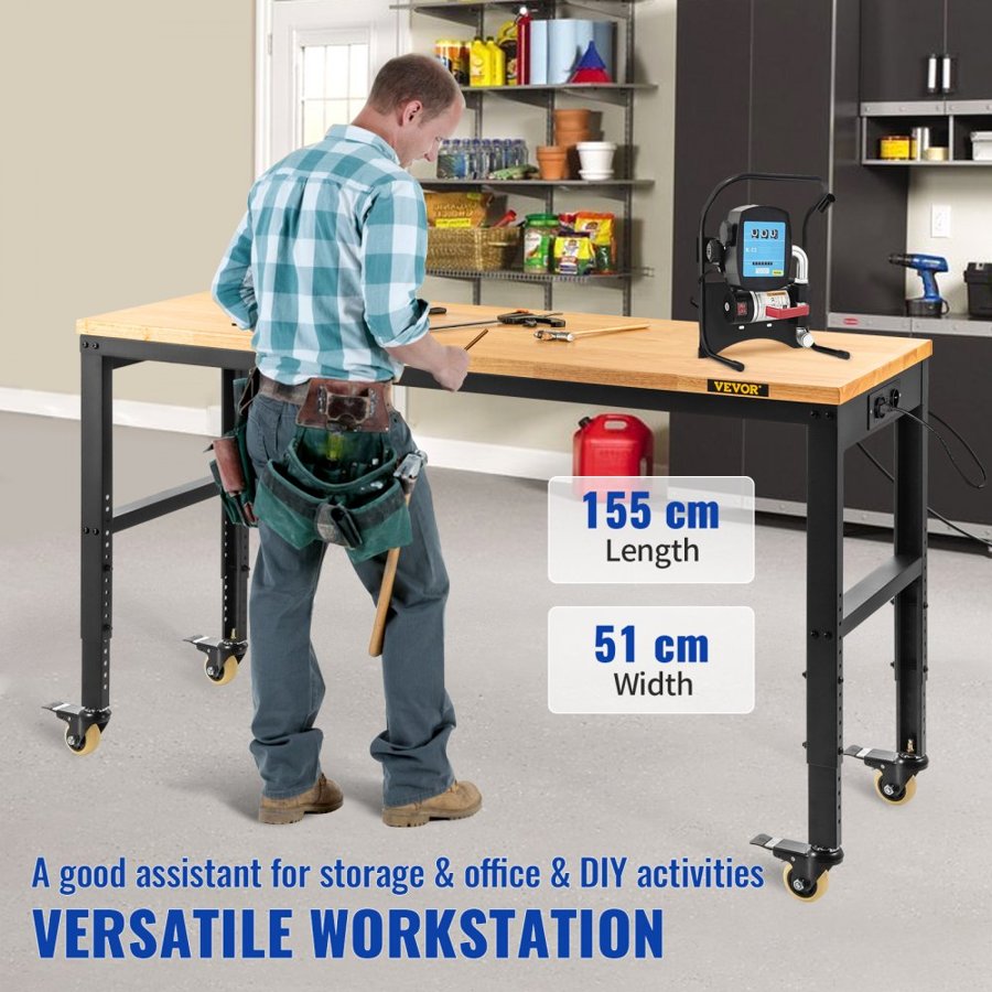 VEVOR Workbench Adjustable Height, 155 x 51 cm Garage Table with 80 – 105 cm Heights & 720KG Capacity, with Power Outlets & Hardwood Top & Metal Frame & Swivel Casters, for Office Home Workshop