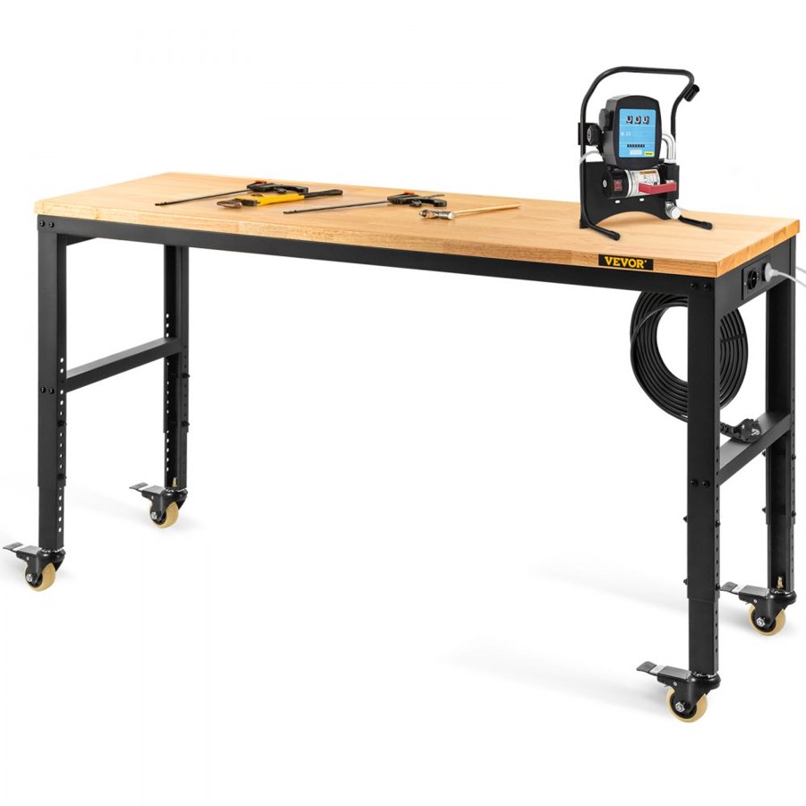 VEVOR Workbench Adjustable Height, 122cm W X 51cm D X 104cm H Garage Table w/ 79 – 104 cm Heights & 720KG Capacity, with Power Outlets & Hardwood Top & Metal Frame & Swivel Casters, for Office Home