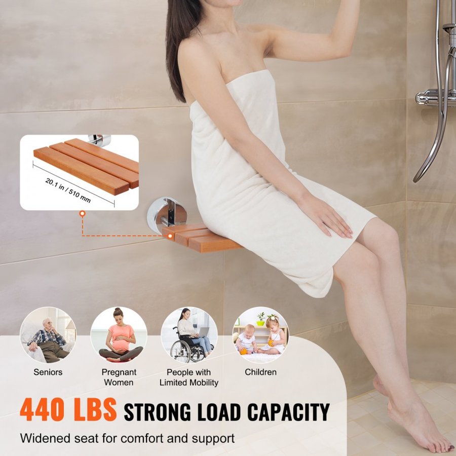 VEVOR Folding Teak Shower Seat, 20.1" x 13.2" Unfolded, Wall Mounted Fold Up Shower Bench with 440 lbs Load Capacity, Space Saving Home Care Fold Down Shower Chair, for Seniors Pregnant Women Children