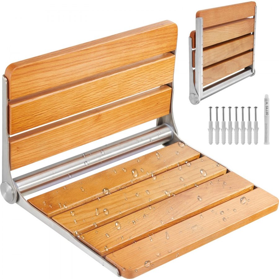 VEVOR Folding Oak Shower Seat 16.1"/40.9 cm x 13.4"/34 cm Wall Mounted Shower Bench 440 lbs/199.6 kg