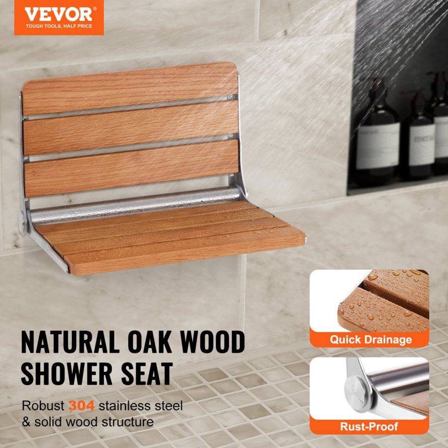 VEVOR Folding Oak Shower Seat 16.1"/40.9 cm x 13.4"/34 cm Wall Mounted Shower Bench 440 lbs/199.6 kg