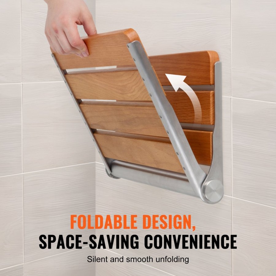 VEVOR Folding Oak Shower Seat 16.1"/40.9 cm x 13.4"/34 cm Wall Mounted Shower Bench 440 lbs/199.6 kg
