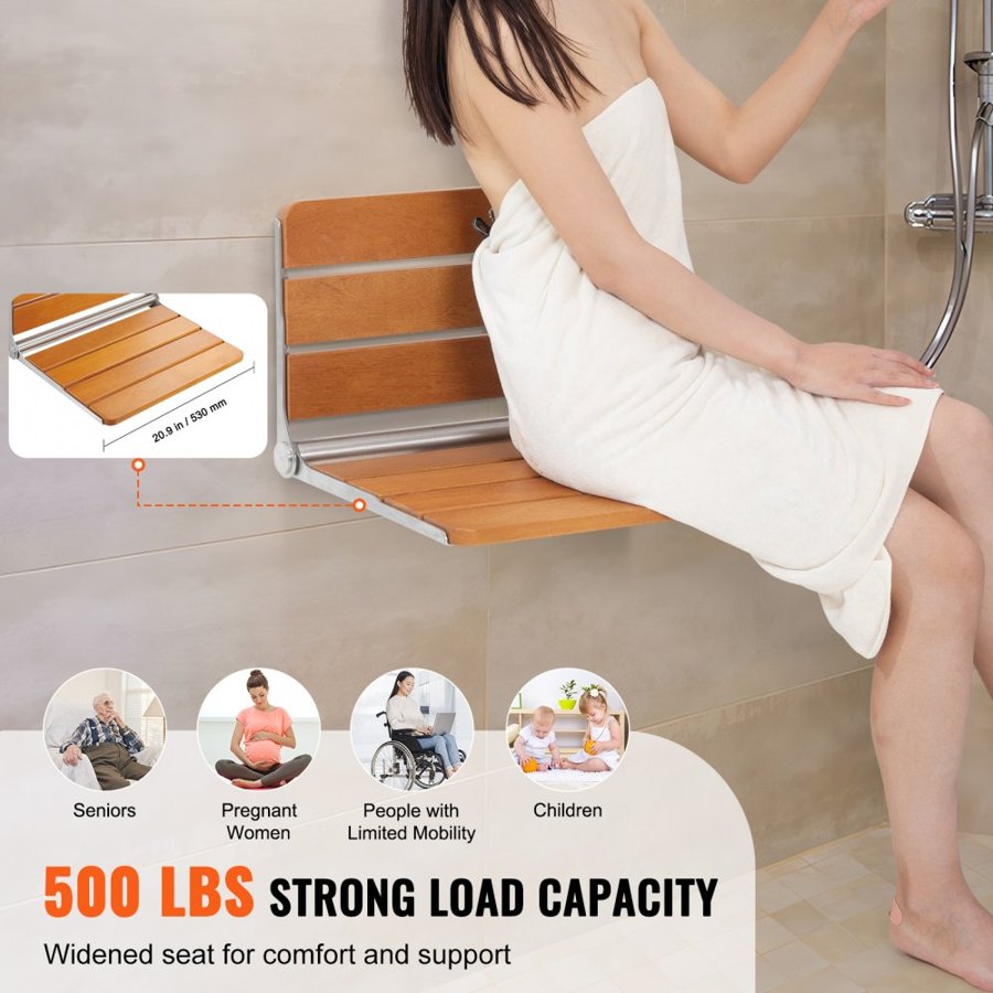 VEVOR Folding Teak Shower Seat, 20.9 x 16'' Unfolded, Wall Mounted Fold Up Shower Bench with 500 lbs Load Capacity, Space Saving Home Care Fold Down Shower Chair, for Seniors Pregnant Women Children