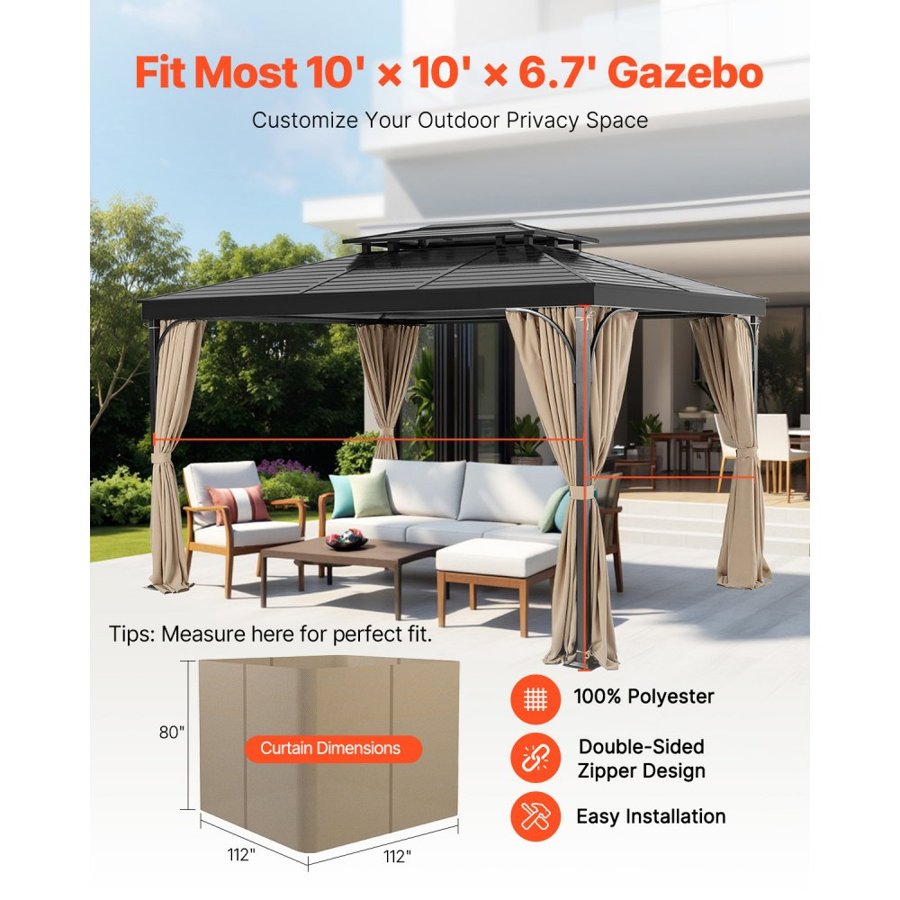 VEVOR Gazebo Curtains Outdoor, Fit Most 10' x 10' x 6.7' Gazebos, 4-Panel Sidewall Gazebo Privacy Curtains with Zippers, Outdoor Curtain Replacement for Patio Canopy, Only Curtain, Khaki