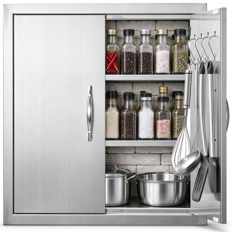 VEVOR BBQ Access Door, 610x610 mm Double Outdoor Kitchen Door, Stainless Steel Flush Mount Door, Double Wall Vertical Door with Handles and Hooks, for BBQ Island, Grilling Station, Outside Cabinet