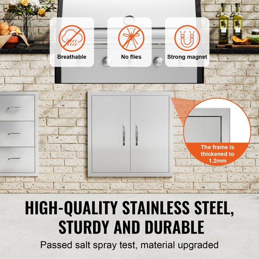 VEVOR BBQ Access Door, 610x610 mm Double Outdoor Kitchen Door, Stainless Steel Flush Mount Door, Double Wall Vertical Door with Handles and Hooks, for BBQ Island, Grilling Station, Outside Cabinet