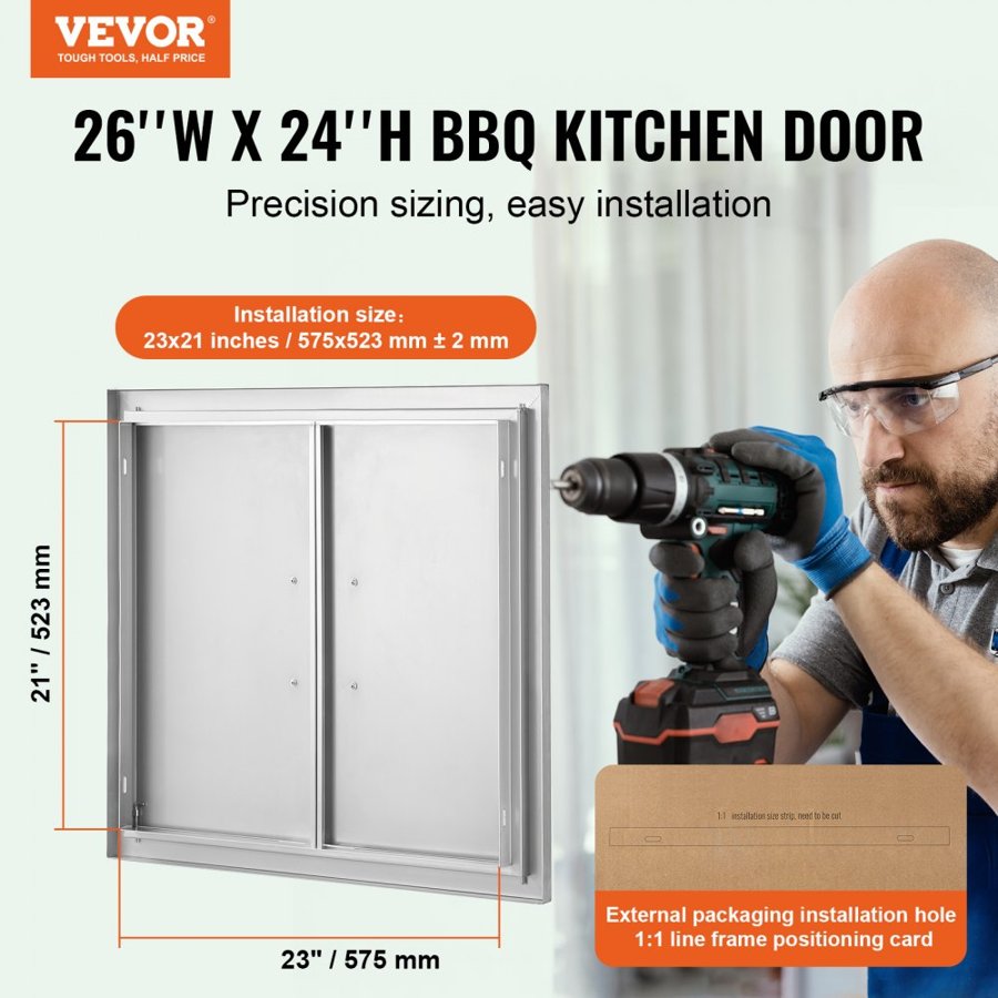 VEVOR BBQ Access Door, 660x609 mm Double Outdoor Kitchen Door, Stainless Steel Flush Mount Door, Wall Vertical Door with Handles, for BBQ Island, Grilling Station, Outside Cabinet
