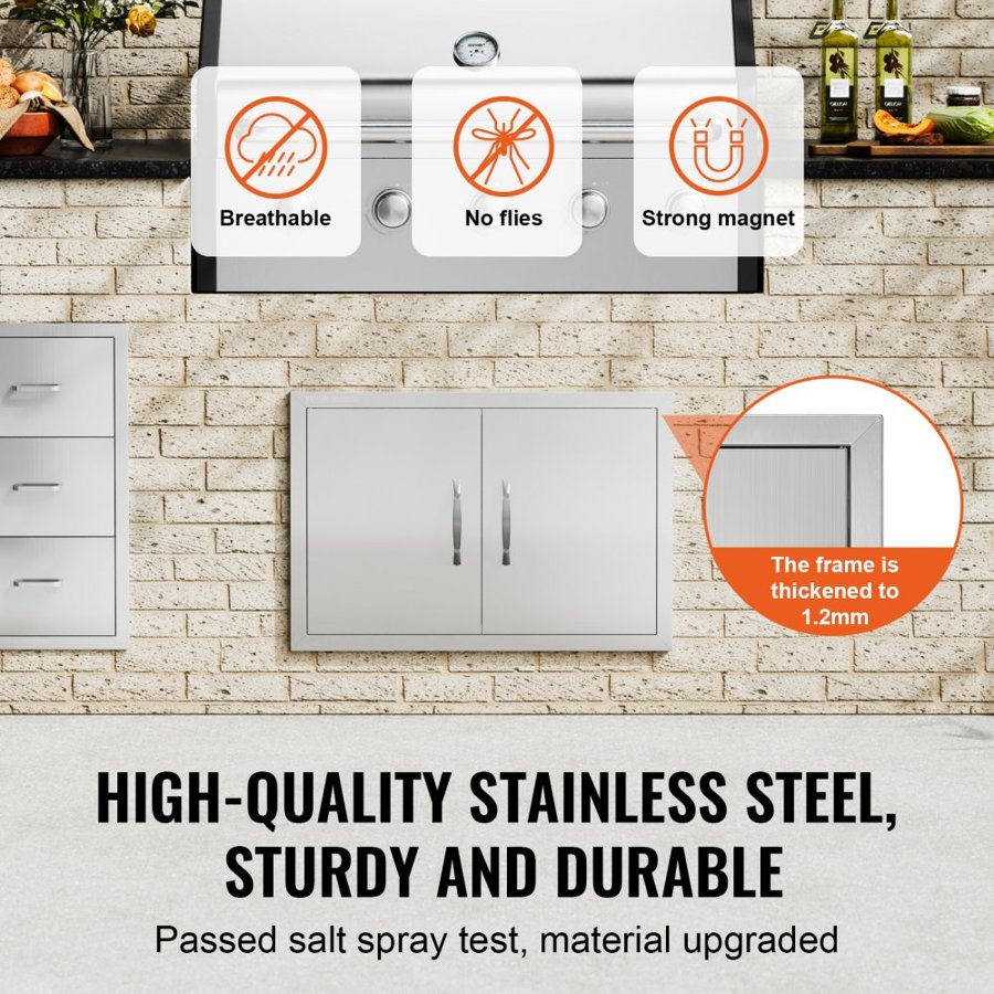 VEVOR BBQ Access Door, 711x482 mm Double Outdoor Kitchen Door, Stainless Steel Flush Mount Door, Wall Vertical Door with Handles, for BBQ Island, Grilling Station, Outside Cabinet