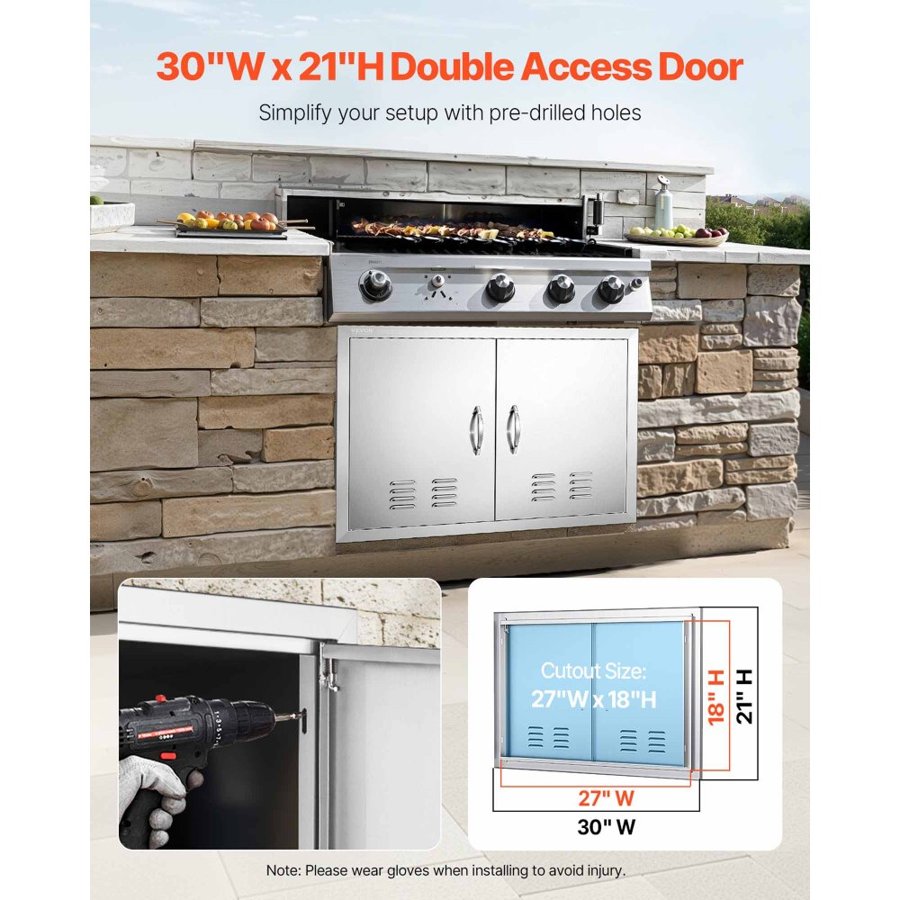 VEVOR BBQ Access Door, 762x533 mm Double Outdoor Kitchen Door, Stainless Steel Flush Mount Door, Wall Vertical Door with Handles and Vents, for BBQ Island, Grilling Station, Outside Cabinet