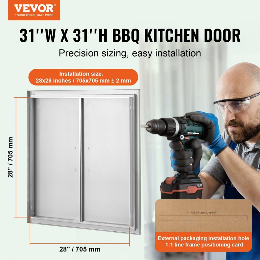 VEVOR BBQ Access Door, 790x790 mm Double Outdoor Kitchen Door, Stainless Steel Flush Mount Door, Wall Vertical Door with Handles, for BBQ Island, Grilling Station, Outside Cabinet