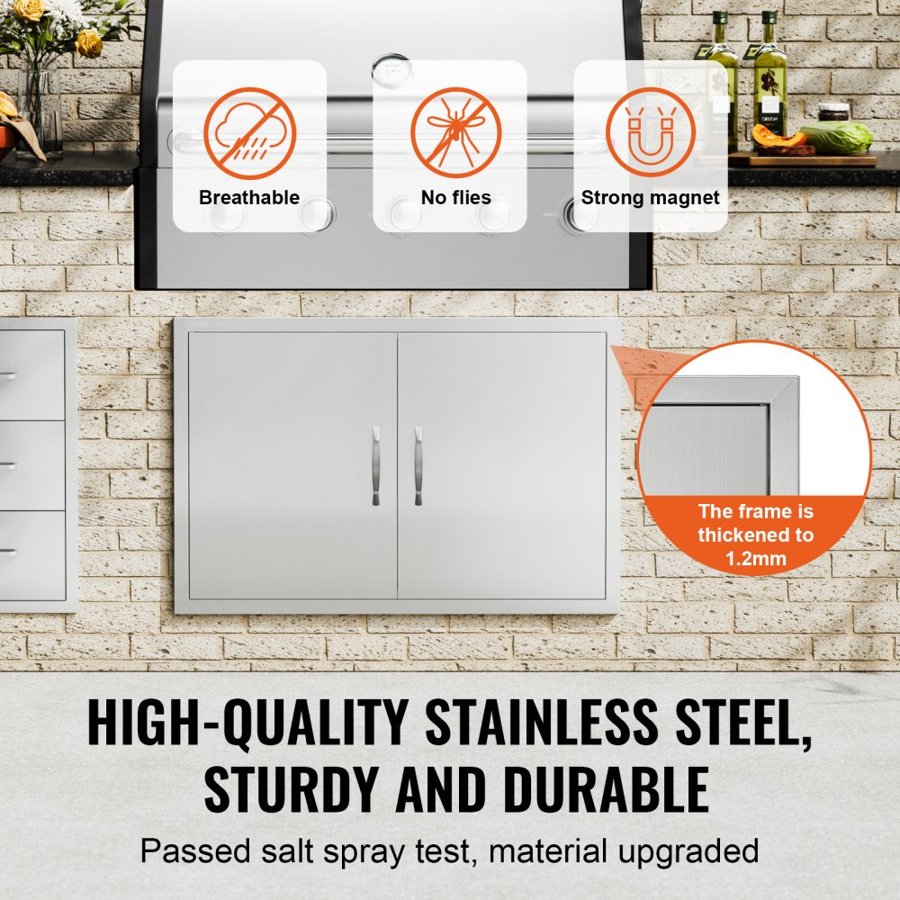 VEVOR BBQ Access Door, 889x610 mm Double Outdoor Kitchen Door, Stainless Steel Flush Mount Door, Wall Vertical Door with Handles, for BBQ Island, Grilling Station, Outside Cabinet