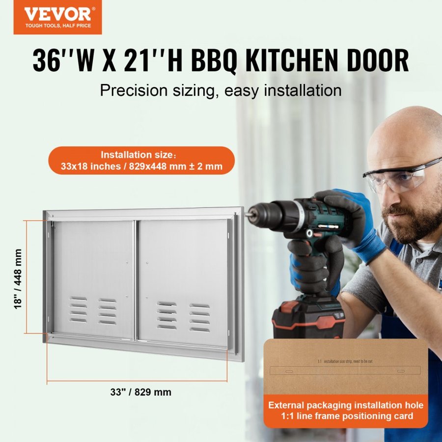 VEVOR BBQ Access Door, 914x534 mm Double Outdoor Kitchen Door, Stainless Steel Flush Mount Door, Wall Vertical Door with Handles and Vents, for BBQ Island, Grilling Station, Outside Cabinet