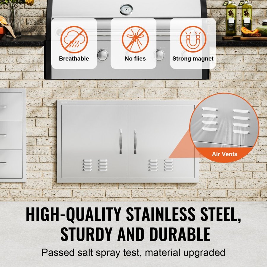 VEVOR BBQ Access Door, 914x534 mm Double Outdoor Kitchen Door, Stainless Steel Flush Mount Door, Wall Vertical Door with Handles and Vents, for BBQ Island, Grilling Station, Outside Cabinet