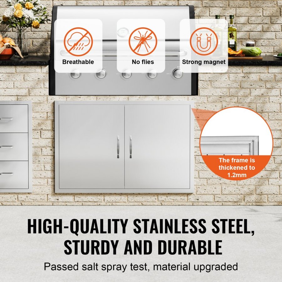 VEVOR BBQ Access Door, 990x660 mm Double Outdoor Kitchen Door, Stainless Steel Flush Mount Door, Wall Vertical Door with Handles and Hooks, for BBQ Island, Grilling Station, Outside Cabinet
