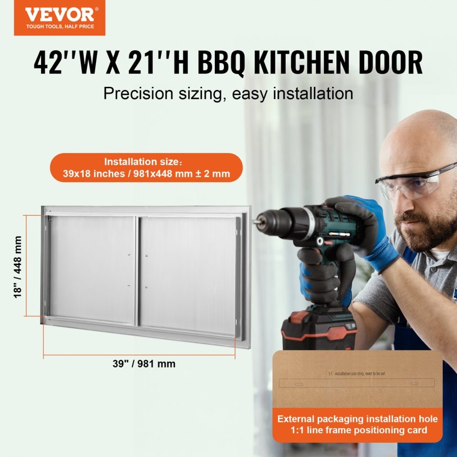 VEVOR BBQ Access Door, 1067x534 mm Double Outdoor Kitchen Door, Stainless Steel Flush Mount Door, Wall Vertical Door with Handles, for BBQ Island, Grilling Station, Outside Cabinet