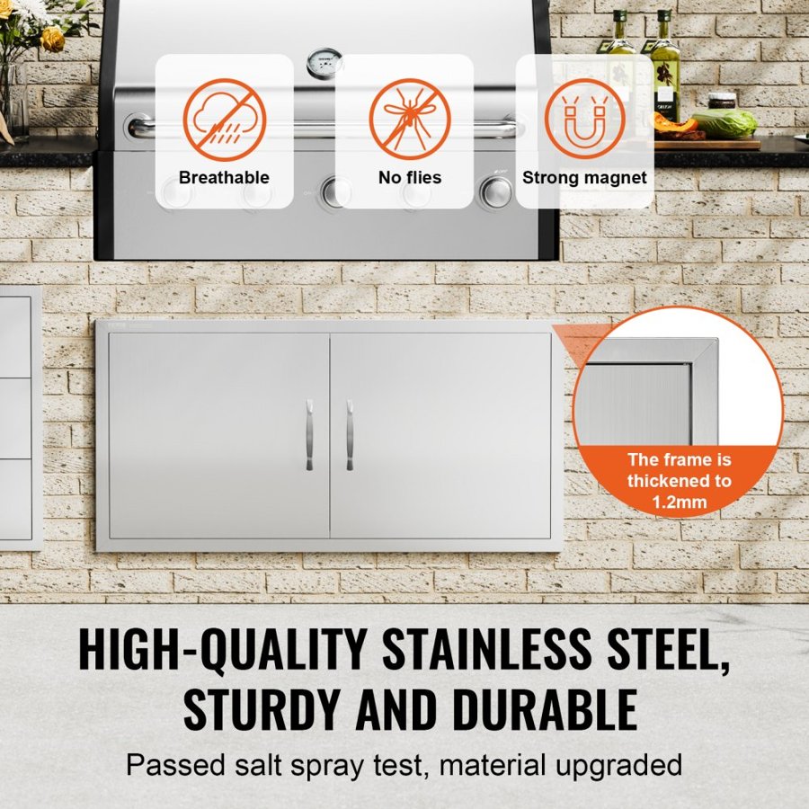 VEVOR BBQ Access Door, 1067x534 mm Double Outdoor Kitchen Door, Stainless Steel Flush Mount Door, Wall Vertical Door with Handles, for BBQ Island, Grilling Station, Outside Cabinet