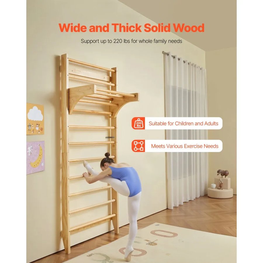 VEVOR Swedish Ladder Wall Gym, 10-Level Solid Wood Indoor Jungle Gym, 220lbs Loading Indoor Playground Climbing Ladder for Kid Adults, Gymnastic Stall Bars with Pull-Up Bar - Ideal Gift for Boys Girls