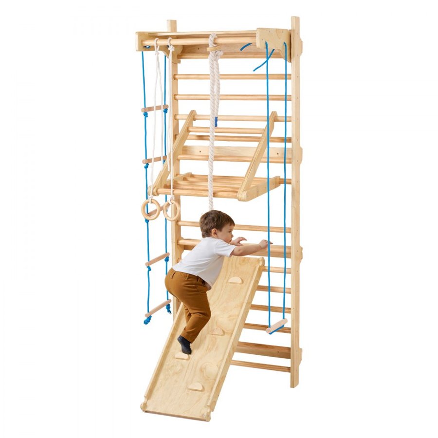 VEVOR Swedish Ladder Wall Gym, 8-in-1 15 Levels Solid Wood Indoor Jungle Gym, 220LBS Wall Stall Bars Climbing Playset with Wall Ladder, Slide Board, Pull-Up Bar, Gym Rings, Swing Seat, Rope Ladder