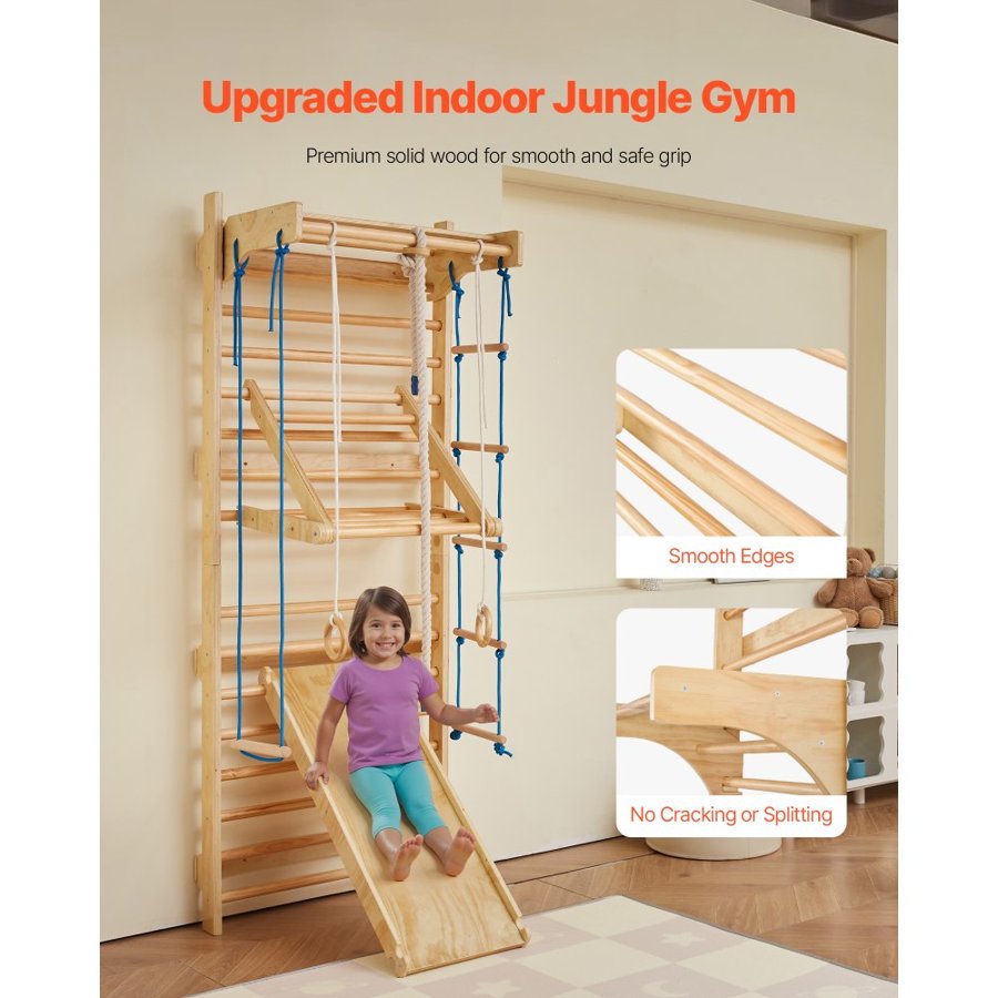 VEVOR Swedish Ladder Wall Gym, 8-in-1 15 Levels Solid Wood Indoor Jungle Gym, 220LBS Wall Stall Bars Climbing Playset with Wall Ladder, Slide Board, Pull-Up Bar, Gym Rings, Swing Seat, Rope Ladder