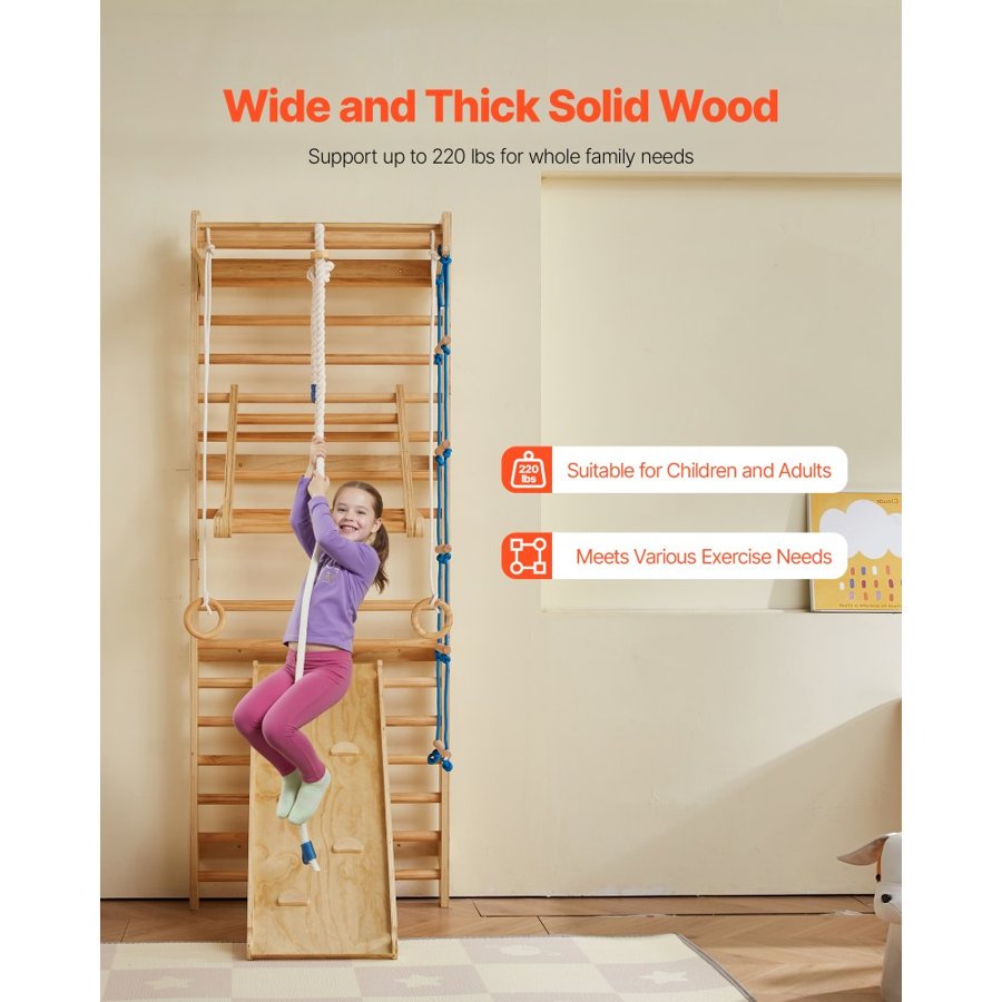 VEVOR Swedish Ladder Wall Gym, 8-in-1 15 Levels Solid Wood Indoor Jungle Gym, 220LBS Wall Stall Bars Climbing Playset with Wall Ladder, Slide Board, Pull-Up Bar, Gym Rings, Swing Seat, Rope Ladder