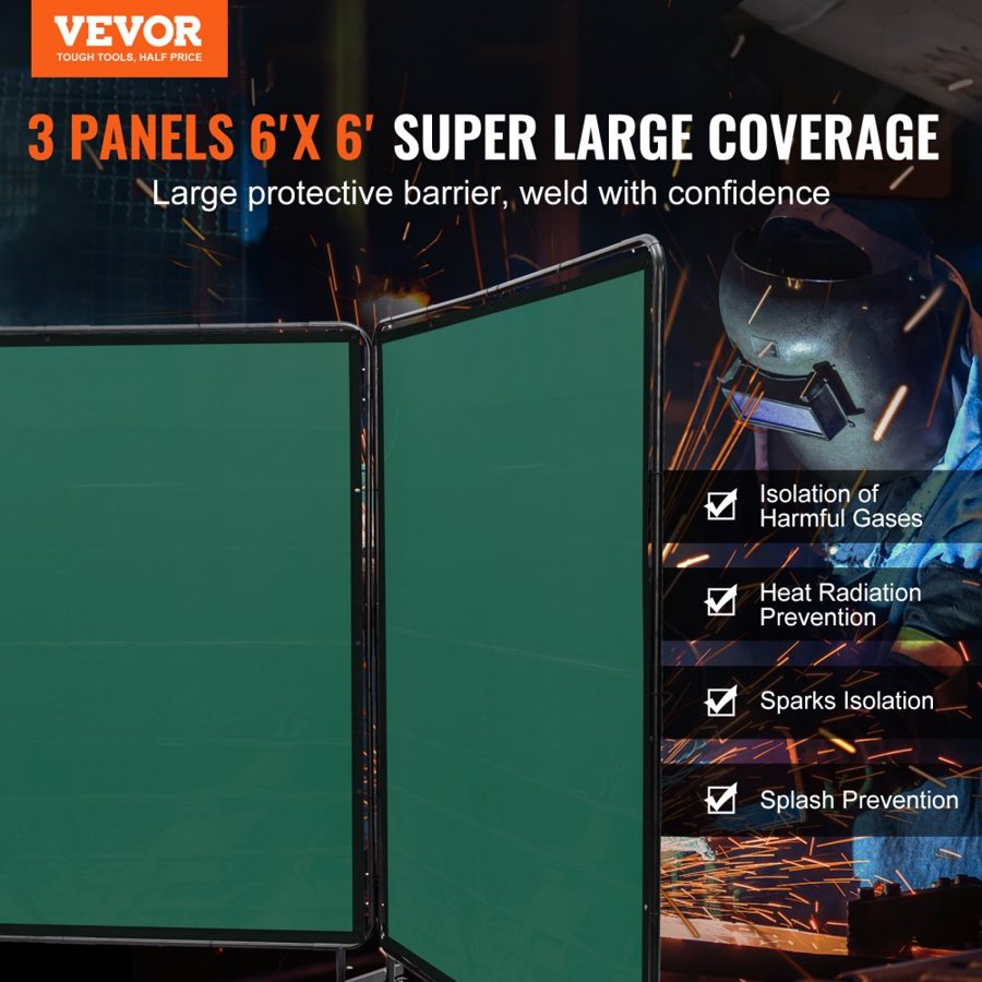 VEVOR Welding Screen with Frame, 182.9 cm x 182.9 cm 3 Panel Welding Curtain Screens, Flame-Resistant Vinyl Welding Protection Screen on 12 Swivel Wheels (6 Lockable), Moveable & Professional for Workshop, Green